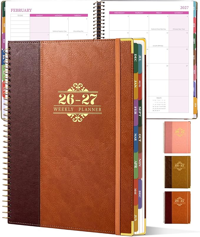 Planner 2026-2027, Leather Two-Tone Planner, 18 Month Weekly and Monthly Planner Calendar with Tabs, Jul 2026–Dec 2027, Large 8.5" x 11" A4 Hardcover Spiral Agenda Planner for Home, School and Work （Rust Brown）