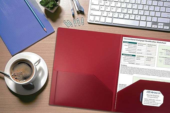 Better Office Products Heavyweight Burgundy Plastic 2 Pocket Portfolio Folder, Letter Size Poly Folders, 24 Pack, Burgundy Red