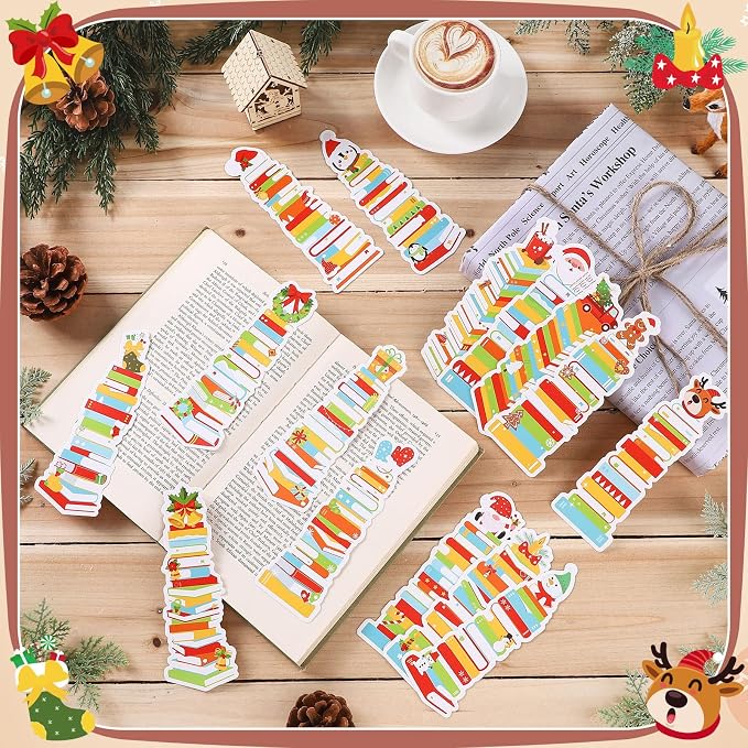 Kolldenn 150 Pcs Book Tracker Bookmarks Bulk 6.3 x 1.97 Inch Bookshelf Love to Read Bookmarks Paper Tracking Double Sided Reading Page Markers for Back to School Reading Lover(Classic Christmas)