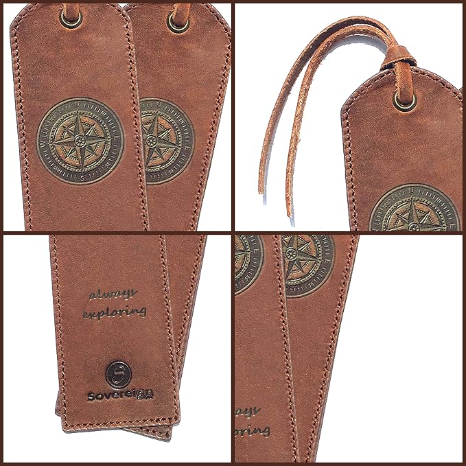 Sovereign-Gear Leather Bookmarks for Men and Women | Quality Bookmark with Nautical Compass | 2 Smooth Handmade Leather Book Markers for Book Lovers (7x2) Gift