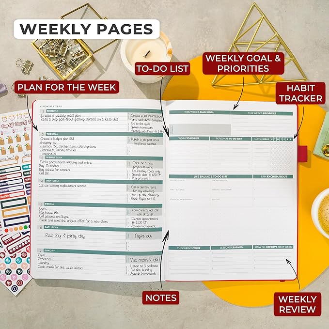 Clever Fox Planner PRO 2nd Edition – Undated Weekly Agenda Planner for Setting Goals, Tasks & Time Management – Life Organizer with To-do Lists & Habit Trackers – Large Format, 8.5x11″ (Red)