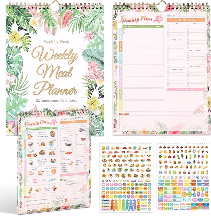 52-Week Meal Planner Notebook with Stickers – All-in-One Weekly Food Planner for a Whole Year, Includes Grocery Shopping Lists & Weekly Meal Plan Organizer for Healthy Eating, Meal Prep & Budgeting