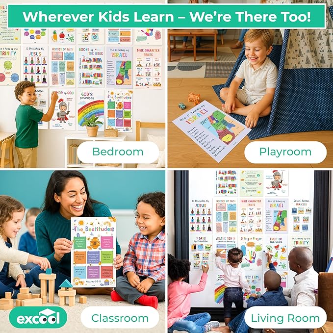 Excool Club Sunday School Decorations For Classroom - 16 Book Of The Bible Posters For Kids, Ten Commandments Fruit Of The Spirit Wall Art, Bible Study Supplies For Christian Classroom Decor (11"x17")