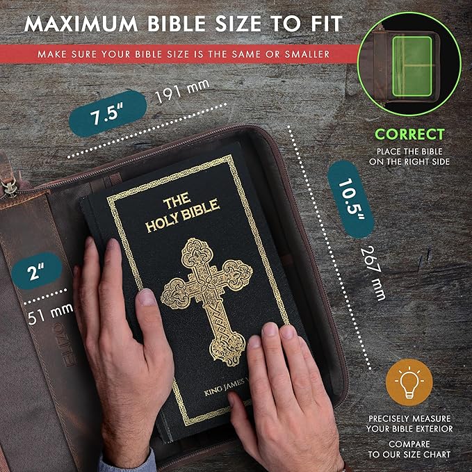 ELIZO Leather Bible Cover Bible Case for Men Women Genuine Leather Bible Bag Holder Cross Large Carrying with Zipper Case Protector Christian Religious Gifts for Mens Pioneer Study