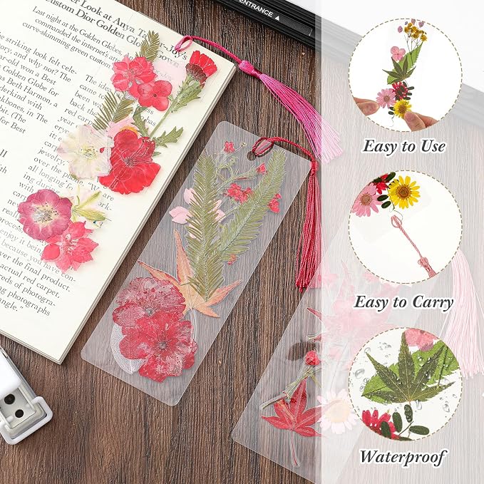 Fuyoooo 376 Pcs Dried Flower Bookmark Making Kit, DIY Bookmark Laminating Pouches with Tassels and Puncher, Handmade Craft Kit for Women, DIY Gifts for Book Lovers (Red,2 x 6 Inch)