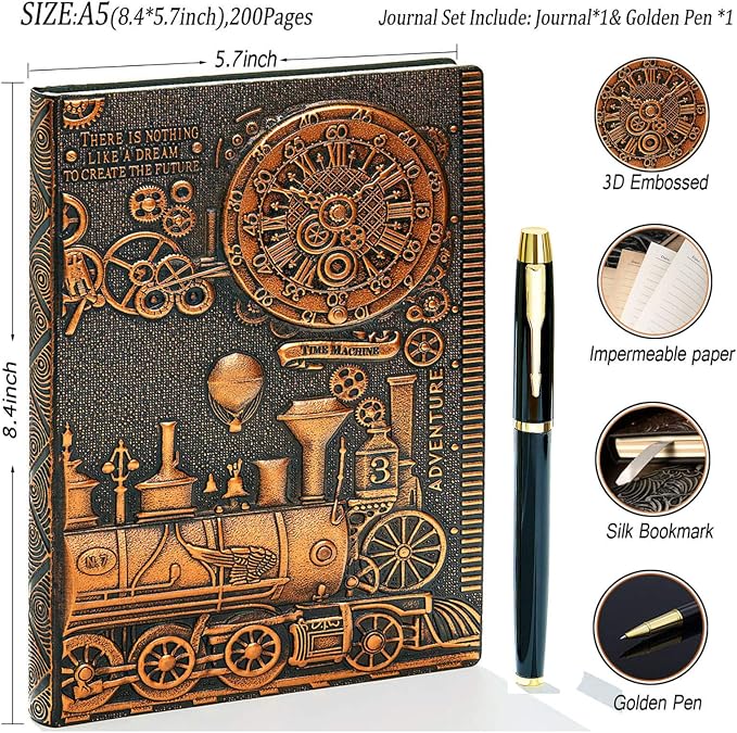 Vintage Train Embossed Leather Writing Journal Notebook with Pen Set,Antique Handmade Daily Notepad Sketchbook,Travel Diary Notebooks to Write in,Gift for Men Women (A5(8.4"*5.7"), RedBronze)