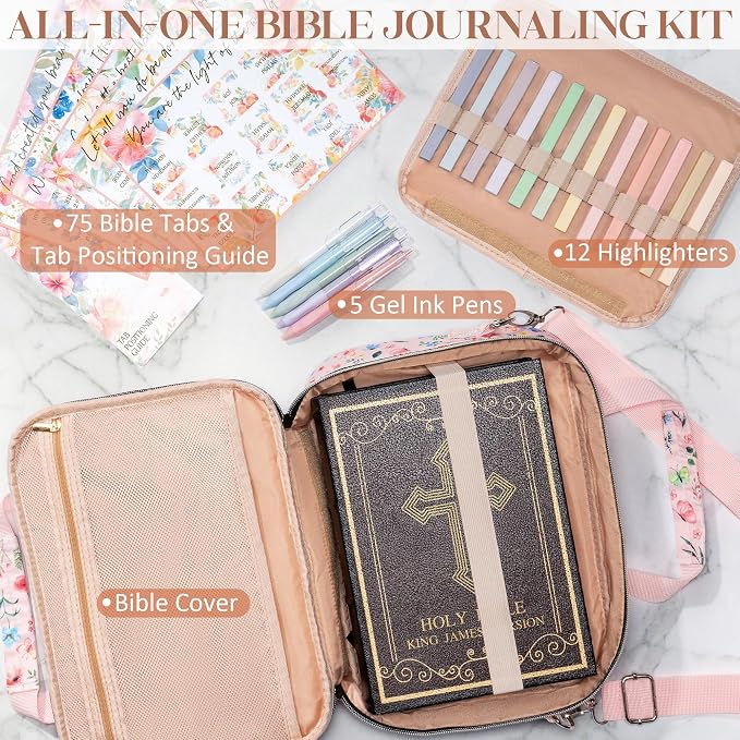Bible Cover Case for Women, Large Bible Bag w/Shoulder Strap, Bible Study Supplies Journaling Kit Book Carrying Case with Accessories Pastel Highlighters 75 Tabs, Christian Gifts for Women Mom Friends