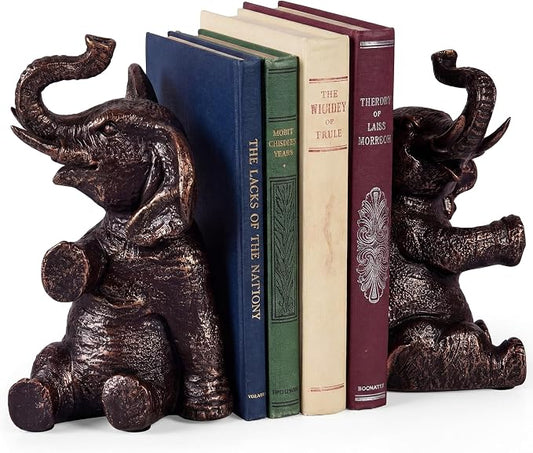 Elephant Bookends with Non-Slip Padding - Heavy Duty Book Ends for Shelves - Gold Decorative Bookend Unique - Vintage Animal Holders for Heavy Books - Living Room Bookshelf Decor - 4 x 4 x 7 Inches