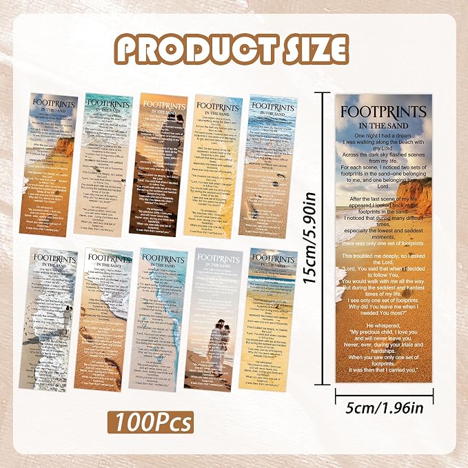 100 Pcs Footprints in The Sand Bookmark, Christian Bible Verse Book Markers Page Clips, Inspirational Bookish Gifts for Women Students Book Lovers