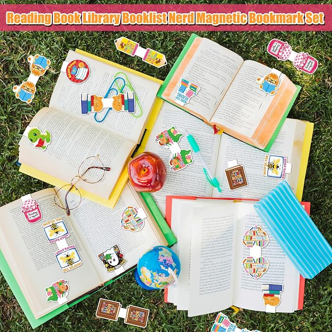 24Pcs Magnetic Bookmarks for Reading - Super Cute Library Booklist Nerd Themed Book Marker, Bookish Reading Page Marker Clip Bookish Nerd Gift for Reader Graduation Back to School Rewards Birthday