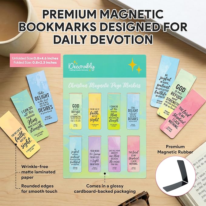 Decorably 8 Pack 0.8x2.3in Bible Verse Magnetic Bookmarks Christian, 8 Watercolor Motivational Designs Prayer Page Clips for Women & Men - Study, Devotional, Journaling, Reading, Gift
