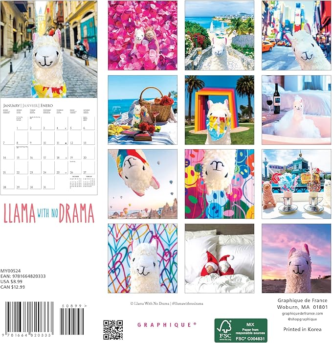 Graphique 2024 Llama with No Drama Mini Wall Calendar | 7” x 7” | Thick Paper | Home & Office Organizer | Large Monthly Grid | 3 Languages & Marked Holidays | 4 Month Preview Page for 2025