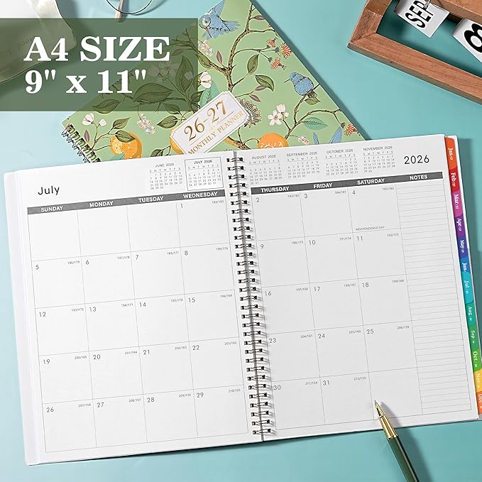 Monthly Planner 2026-2027 - Planner 2026-2027, JUL 2026 - JUN 2027, 26-27 Monthly Planners 9" x 11" with Colorful Tabs, 12-Month Planner/Calendar with Pocket, Thick Paper, Twin-Wire Binding - Lemon