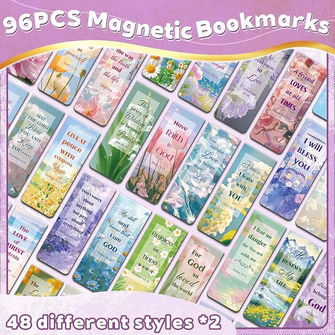 96Pack Magnetic Bookmarks Bible Bookmark Christian Bookmarks Bulk Book Marks for Reading Women Men Adults Kids Book Lovers Gifts, Cute Personalized Religious Magnet Bookmark Clips (Flower)