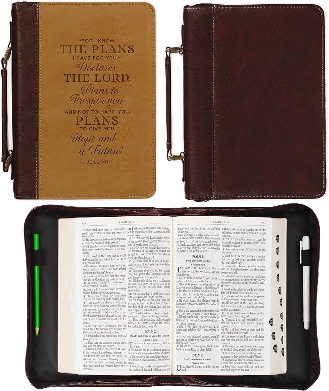 Christian Art Gifts Classic Vegan Leather Bible Cover for Men & Women: Hope & Future Encouraging Scripture Verse, Debossed Design, Sturdy Easy Carry Case, Pockets, Pen Loops Storage, Brown/Tan, Large