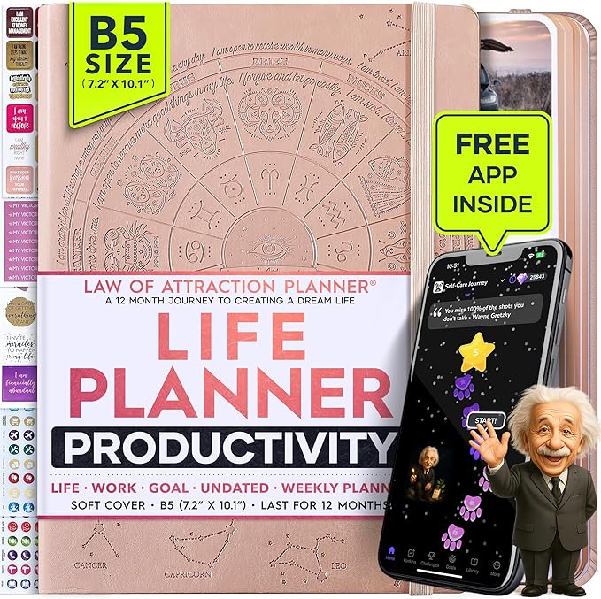 Deluxe Weekly and Monthly Planner | Law of Attraction Planner with Productivity App | 12-Month for Productivity, Gratitude & Goal Setting | Includes Foldable Vision Board, Gift Box & Stickers