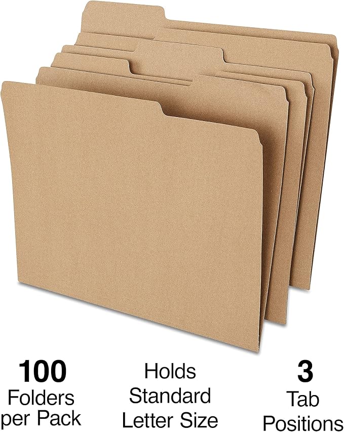 Staples Colored File Folders, Letter Size, 3‑Tab Top‑Tab Design, Kraft, Durable Paper Stock, 100/Pack