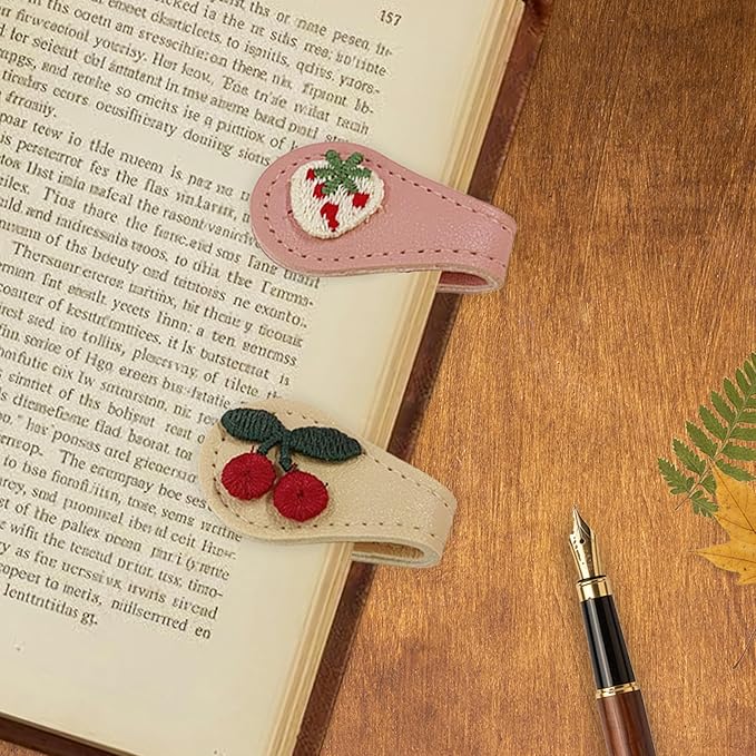 2Pcs Magnetic Leather Bookmark Set, Embroidery Magnetic Bookmarks Clips for Book Lovers Reading, Book Accessories(Pink Strawberry, White Cherry)