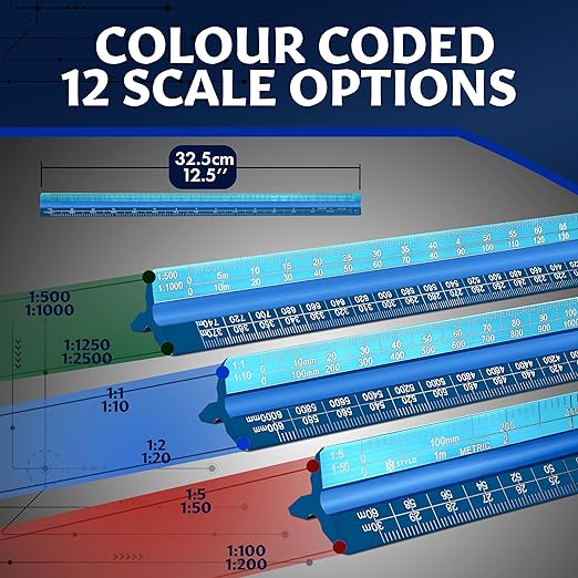 12" Aluminum Architect Scale Ruler Laser Etched Triangle Drafting Ruler, Color Coded Grooves for Blueprint, Drafting and Drawing, Architectural Scale Ruler for Blueprints (Light Blue, Metric Units)