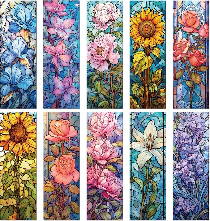 Aesthetic Flower Bookmark Gifts - 10 Pcs Personalized Art Stained Glass Bookmarks for Women Girls Book Lovers Vintage Floral Page Marks School Reading Accessories Bookish Gift for Birthday