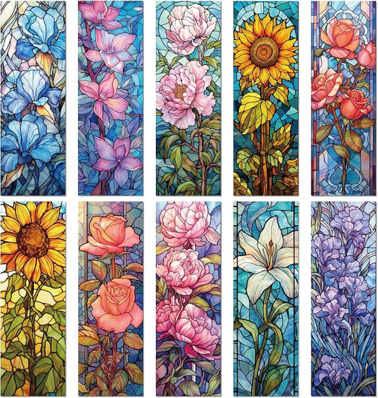 Aesthetic Flower Bookmark Gifts - 10 Pcs Personalized Art Stained Glass Bookmarks for Women Girls Book Lovers Vintage Floral Page Marks School Reading Accessories Bookish Gift for Birthday
