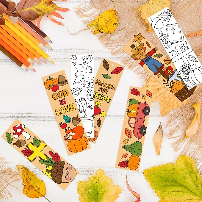 75Pcs Fall Color Your Own Bookmarks for Kids Religious Theme DIY Coloring Blank Bookmark Christian Classroom Art Craft Supplies for Teachers Students Gift Party Sunday School Reward Goodie Fillers