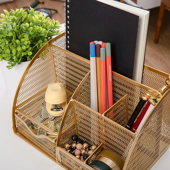 Martha Stewart Ryder Gold Mesh Metal Small Desktop Organizer for Office Accessories, Notebooks, Pen Holder and Drawer
