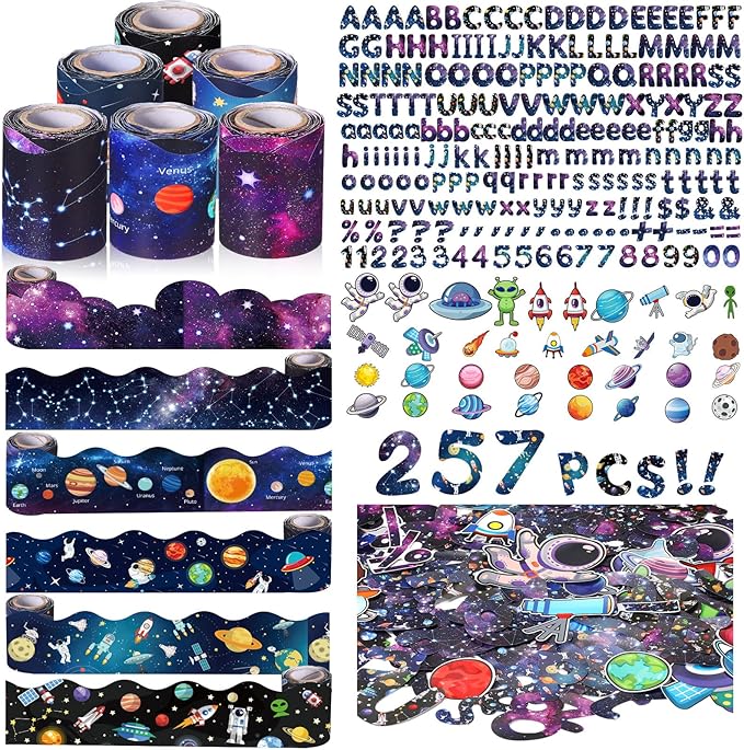 Kosiz Space Bulletin Board Decoration Set 118 ft Scalloped Bulletin Board Borders Classroom Poster Border Trim with 257 Pcs Letter Number Symbol Cutout for School Decor