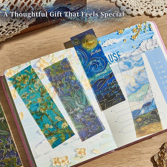 4PCS Fantasy Bookmarks, 5" × 1.5" Gold Foil PVC Book Marker, Van Gogh Inspired Bookish Gifts for Book Lovers