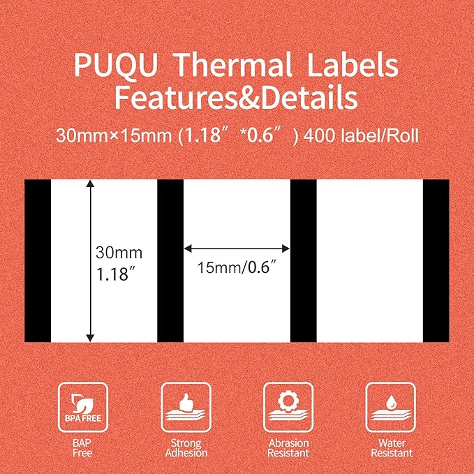 PUQU 30x15mm Transparent Direct Thermal Sticker Labels, Label Printer Self-Adhesive All-Purpose Rectangular Label Maker Tape, Refills Standard Laminated Office Labeling, 1 Roll of 400 Labels