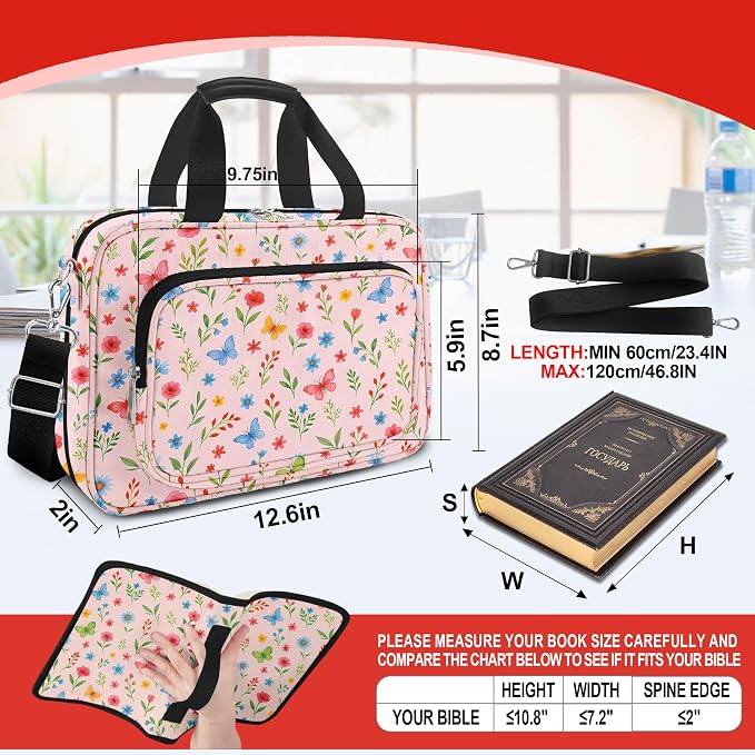 Cute Flower Large Bible Cover Case for Women Girls Organizer, Church Bag Book Carrying Case with Highlighters Shoulder Strap Pens Cross Clip Study Supplies Journaling Kit, Christian Gifts Pink