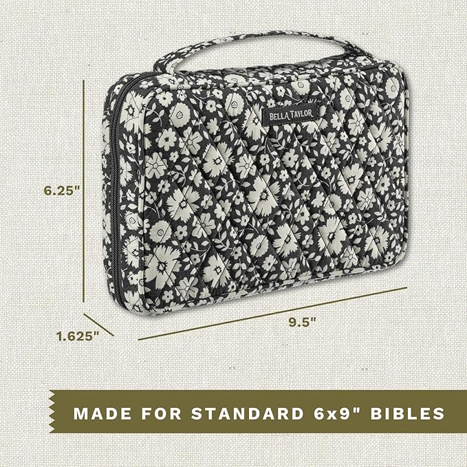 Bella Taylor Small Bible Cover for Women - Quilted Cotton Bible Case for 6 x 9 inch Books - Bicolor Floral Black