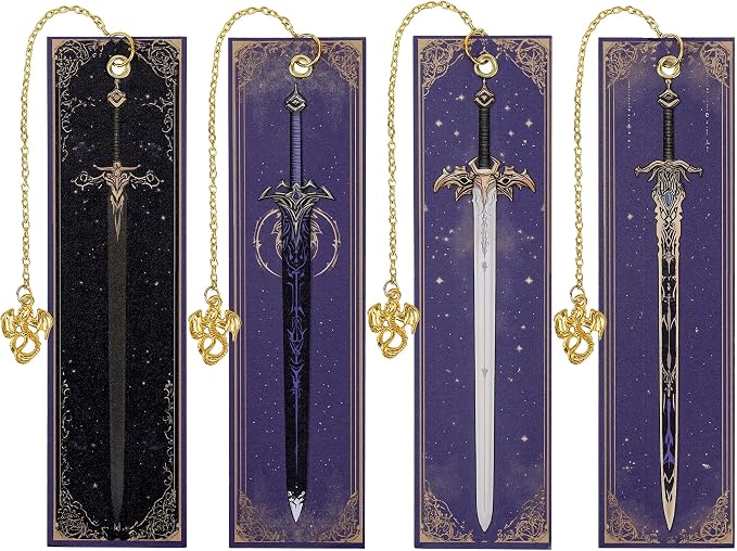 Dragon Sword Bookmark Gifts - 4 Pcs Purple Cool Vintage Bookmarks for Men Reading Lovers Kids Teacher Students Gold Pendant Charm Fantasy Anime Book Marks Office Home Supplies Birthday Gift