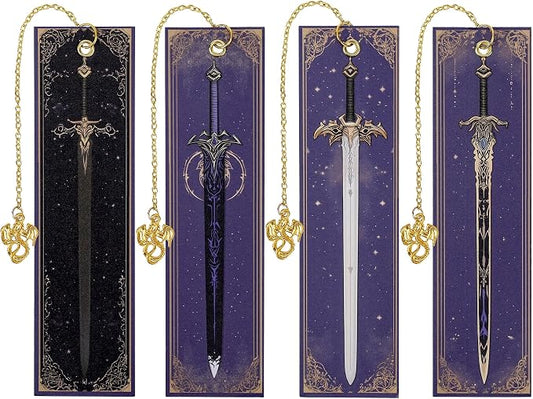 Dragon Sword Bookmark Gifts - 4 Pcs Purple Cool Vintage Bookmarks for Men Reading Lovers Kids Teacher Students Gold Pendant Charm Fantasy Anime Book Marks Office Home Supplies Birthday Gift