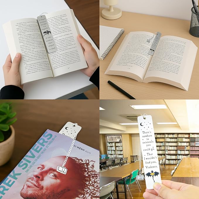 Dragon Metal Bookmarks – Set of 2 Engraved Fantasy Bookmark with Charms, Cool Bookmarks for Women and Men, Bookish Quotes Gifts for Readers, Magical Academy Book Accessories (Style 2)