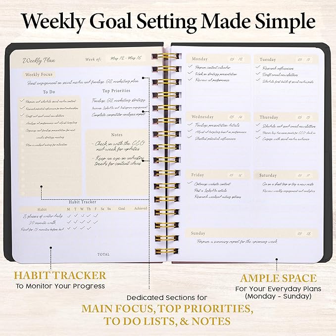 Undated Weekly Planner – Minimalist Notebook for Work, Home & Daily Writing | Simple Matte Planner for Goals, Appointments, Notes & Productivity, Elegant Cardstock Pages, Black