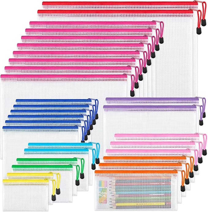 JARLINK 30 Pack 8 Sizes Mesh Pouch, 9 Colors, Waterproof Zipper File Bags Document Multipurpose Travel Bags for Office, School, Board Game, Puzzles, Cosmetics, Travel Accessories, and Home Organize