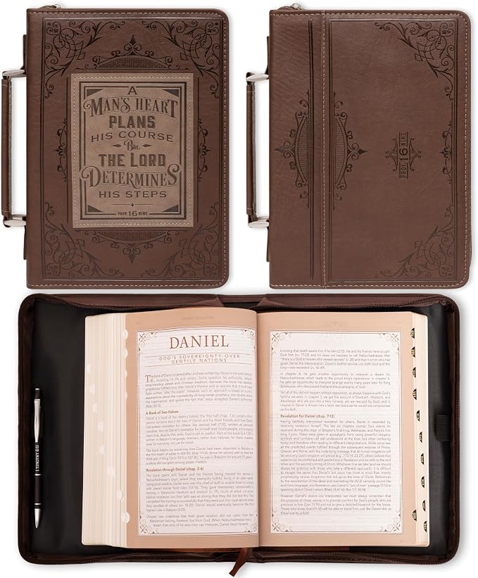 Christian Art Gifts Men's Classic Bible Cover A Man’s Heart Proverbs 16:9, Brown/Tan Faux Leather, Medium
