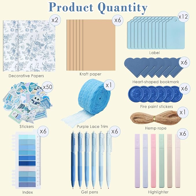 J6&H6 6 Set Blue-Themed Blind Date with a Book Gift excluding Books,Gift Set Including Lace Ribbons Patterned Paper Leather Bookmarks Stickers Purple Labels Kraft Paper for Literary Gifts (Blue)