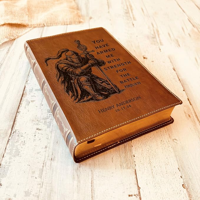 Personalized Bible for Men, NKJV Wide-Margin Bible, Custom Bible Engraved Name, Knight Warrior Design, Christian Gift, Bible Gifts for Him
