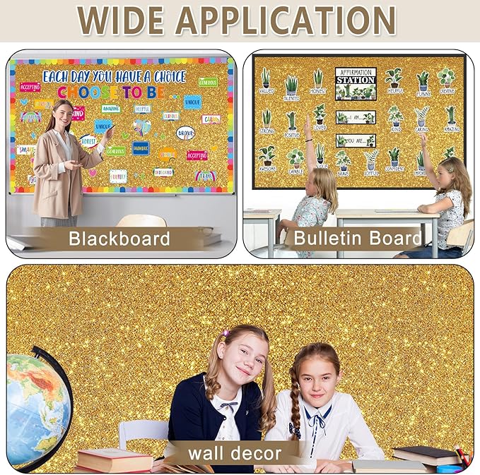 Glitter Bulletin Board Roll Gold Bulletin Board Paper Sparkle Gold Wrapping DIY Art Crafts Fade Resistant Wrinkle Resistant Poster for Classroom Office Home Backdrop Decoration 15.7" x 12 Ft