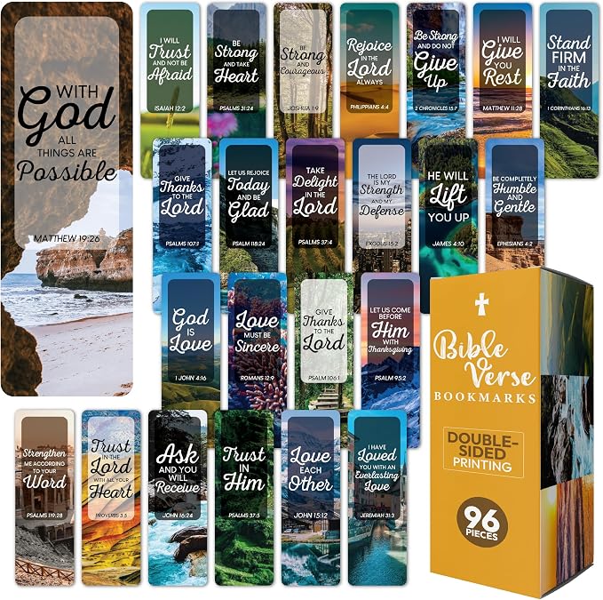 96 Bible Bookmark Pack with Bible Verses – Multiple Designs – Inspirational Christian Bookmarks for Women & Men – Bible Book Markers for Classroom, Bible Study, Church Supplies
