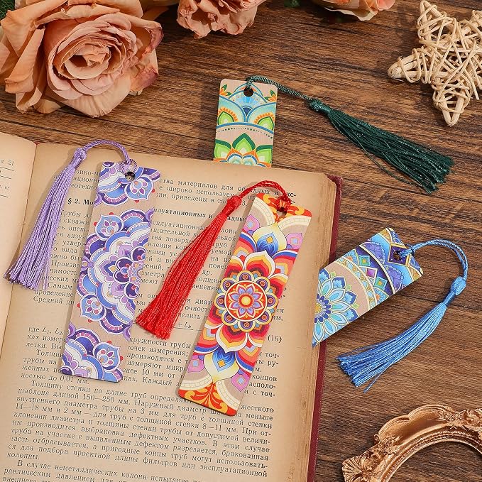 4 PCS Luxury Wooden Bookmarks with Tassel, Mandala Vintage Wood Bookmark, Flower Book Marks Gift for Women Reading Book Lovers Writers Readers Teens Girl Men Adults