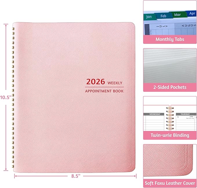 2026 Appointment Book - January - December 2026, Appointment Planner with Weekly ＆ Monthly Spread, 8.5'' x 10.5'', Large, 15 Minute Increments, 2026 Daily Planner with Pockets, Tabs, Soft Cover