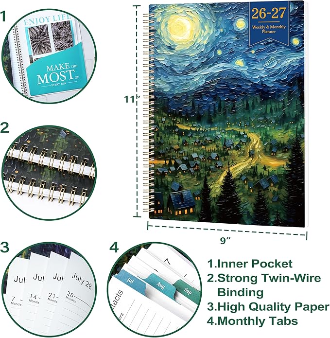 Planner 2026-2027 - Academic Planner 2026-2027, Jul 2026 - Jun 2027, 26-27 Planners Weekly and Monthly, 8.5" x 11" 26-27 Calendar Monthly Planners with Tabs & Pocket, Flexible Cover, Twin-Wire Binding- Oil Painting