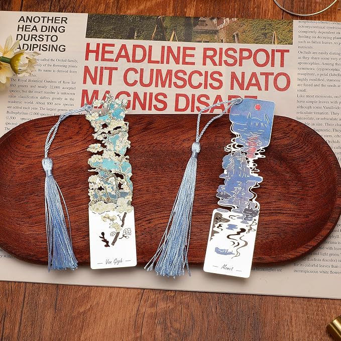2 PCS Metal Bookmarks with Tassel, Almond Blossoms and Impression Sunrise Bookmark
