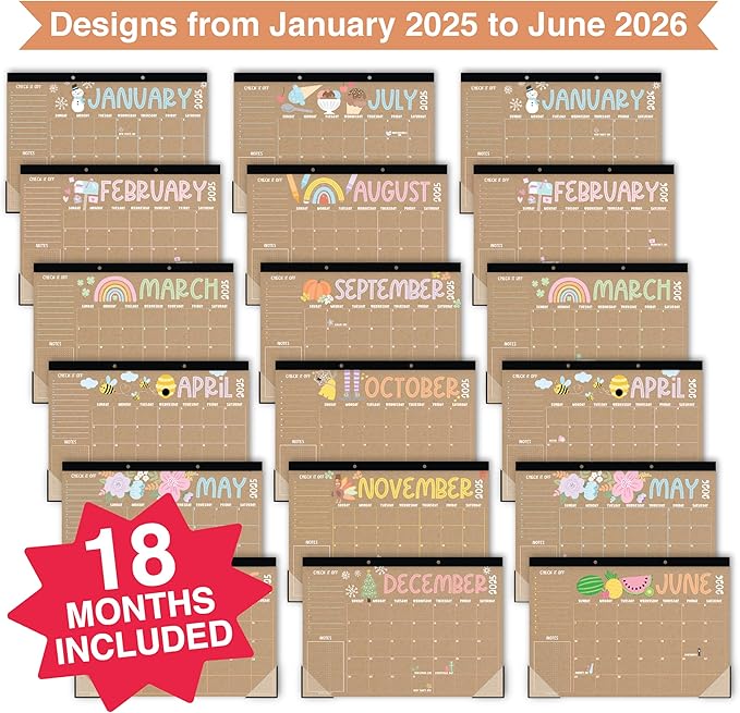 Hadley Designs Large Desk Calendar 2025-2026 - Desktop Calendar 2025, 18-Month Desk Calendars for Home, Office & Classroom, Cute Kraft Classroom Must Haves, Gifts for Coworkers, Teachers & Students