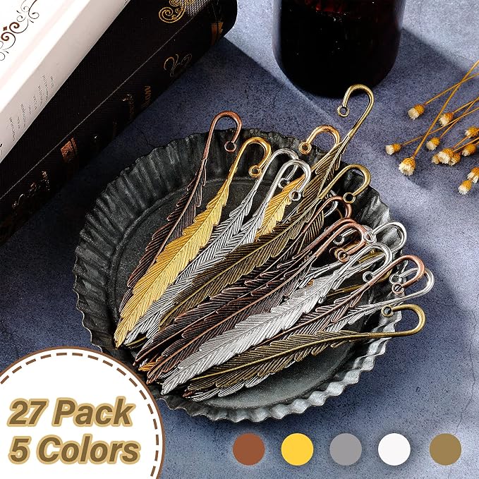 Tatuo 27 Pcs Metal Feather Bookmark Vintage Feather Shape Bookmark Colorful Feathers Metal Book Marker for Readers Book Lovers(Stylish Styles)