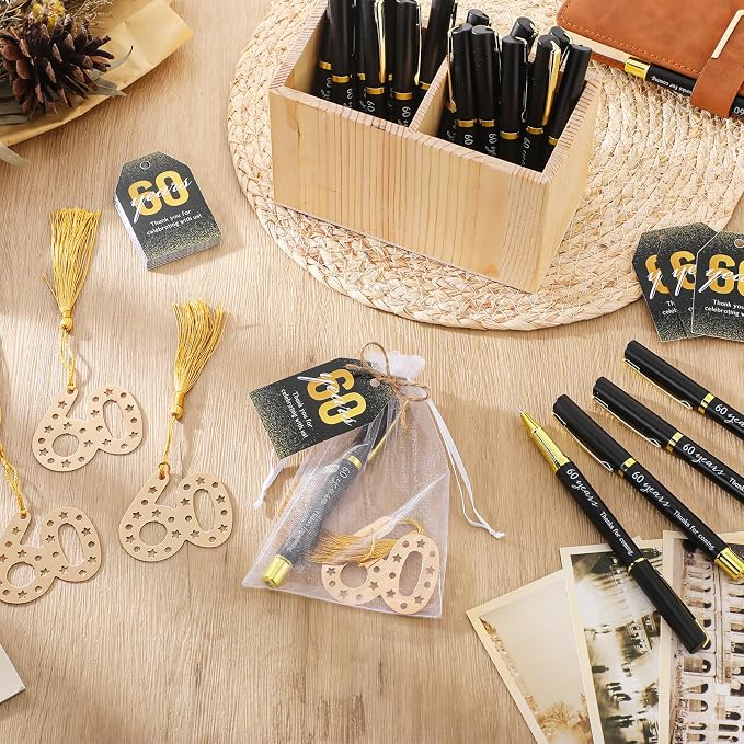 Spakon 25 Set 60th Birthday Party Favor for Guest Anniversary Party Favor Golden Birthday Bookmark Thanks Coming Pen with Tag Appreciation Gifts for Women Men Wedding Anniversary