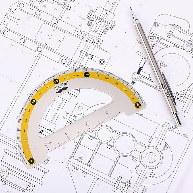 Mr. Pen- Metal Geometry Kit, 4 Pack, 45° & 30°/60° Set Squares, 6" Protractor & 12" Ruler, Durable Metal Drafting Tools for Technical Drawing, Math, Engineering & Architecture